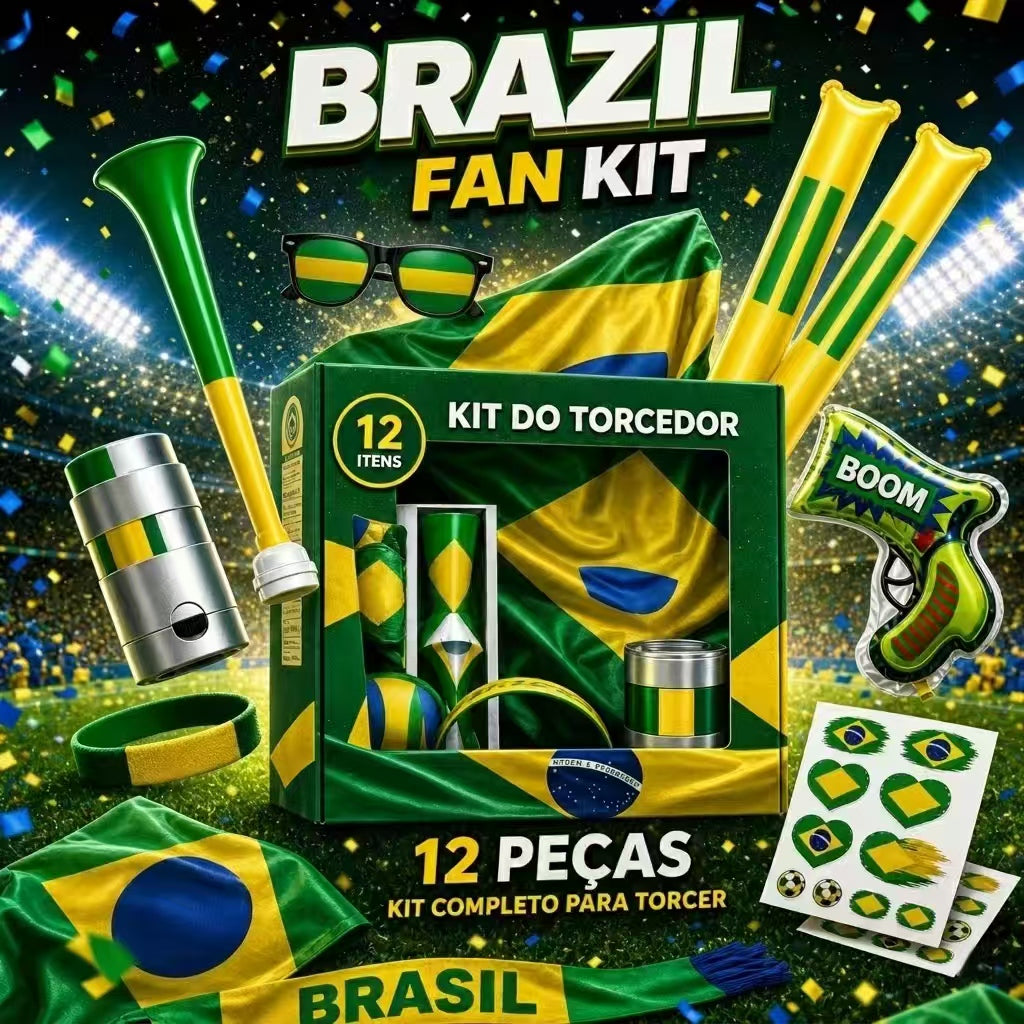 Brazil Fan Support Kit (12-Piece Set) – World Cup & Copa América Cheering Gear: Includes Flag, Scarf, Horn, Sunglasses, and More – Perfect for Match-Day Celebrations