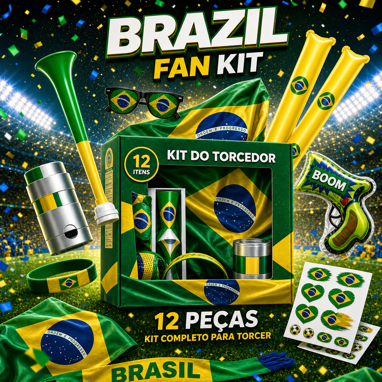 Brazil Fan Support Kit (12-Piece Set) – World Cup & Copa América Cheering Gear: Includes Flag, Scarf, Horn, Sunglasses, and More – Perfect for Match-Day Celebrations