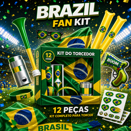 Brazil Fan Support Kit (12-Piece Set) – World Cup & Copa América Cheering Gear: Includes Flag, Scarf, Horn, Sunglasses, and More – Perfect for Match-Day Celebrations