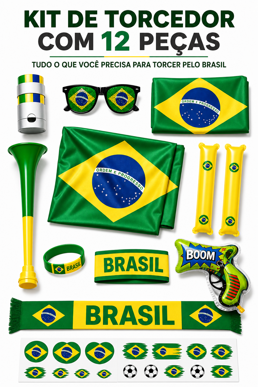 Brazil Fan Support Kit (12-Piece Set) – World Cup & Copa América Cheering Gear: Includes Flag, Scarf, Horn, Sunglasses, and More – Perfect for Match-Day Celebrations