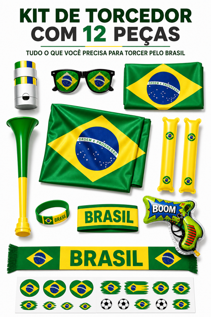 Brazil Fan Support Kit (12-Piece Set) – World Cup & Copa América Cheering Gear: Includes Flag, Scarf, Horn, Sunglasses, and More – Perfect for Match-Day Celebrations