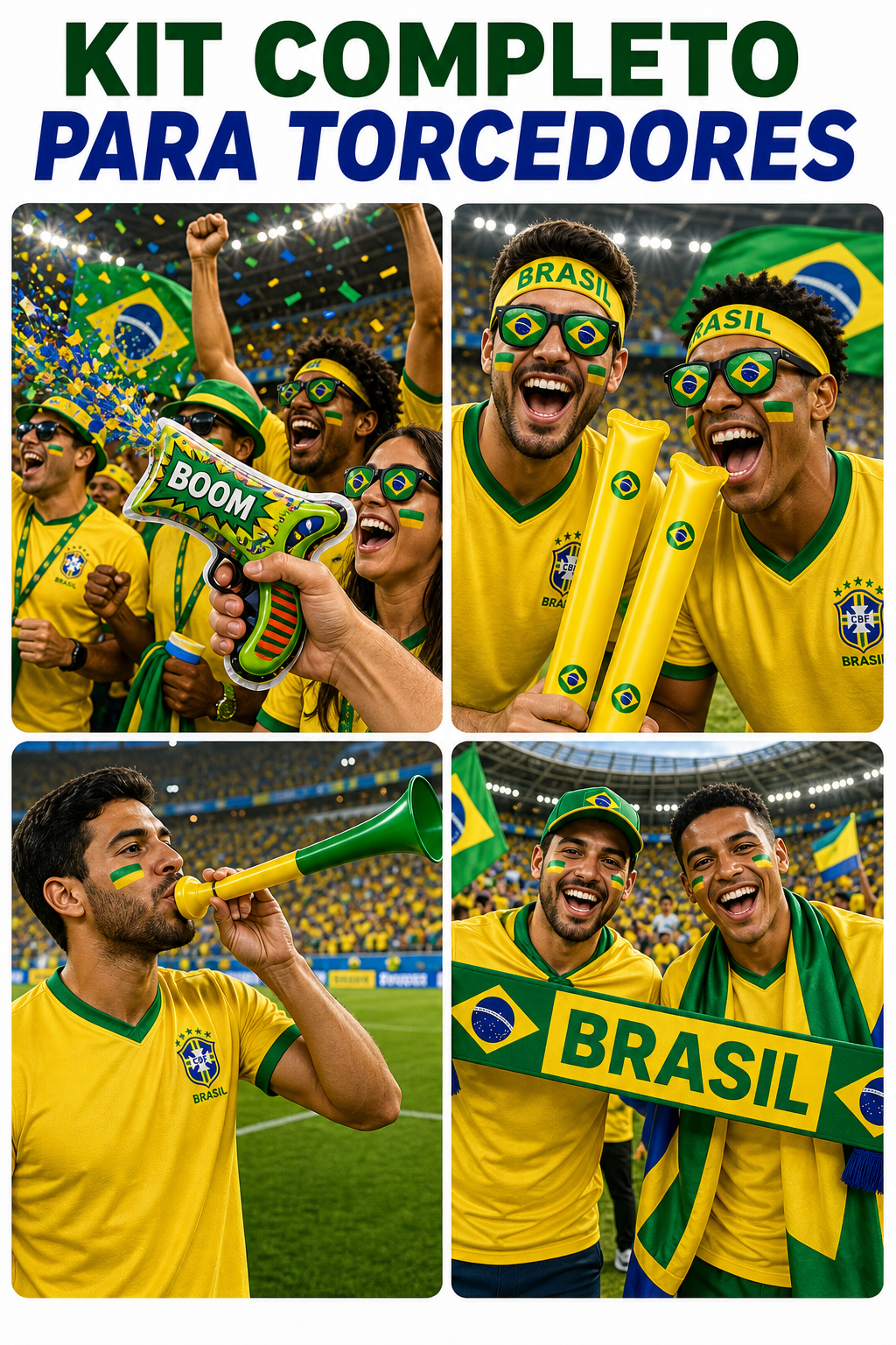 Brazil Fan Support Kit (12-Piece Set) – World Cup & Copa América Cheering Gear: Includes Flag, Scarf, Horn, Sunglasses, and More – Perfect for Match-Day Celebrations