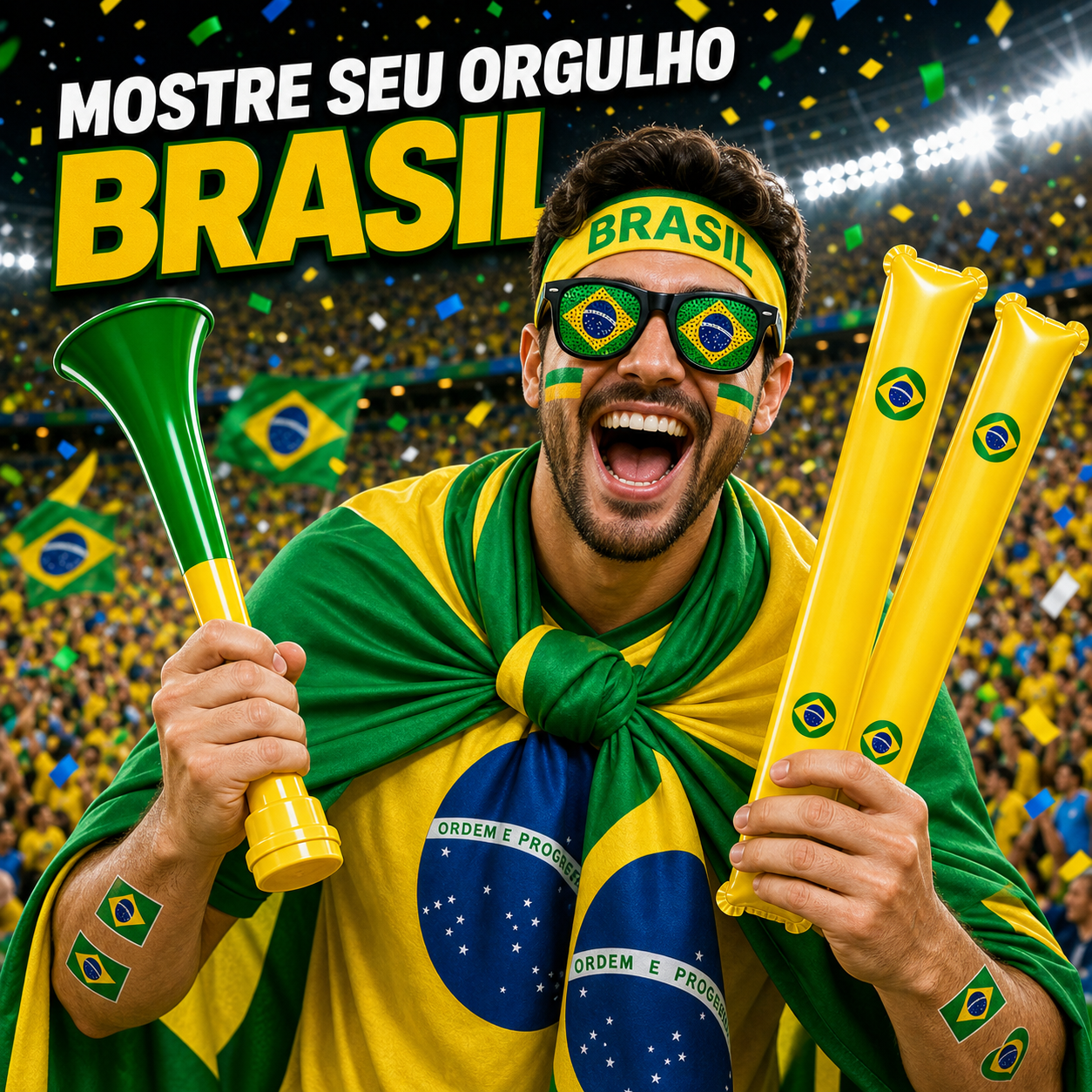 Brazil Fan Support Kit (12-Piece Set) – World Cup & Copa América Cheering Gear: Includes Flag, Scarf, Horn, Sunglasses, and More – Perfect for Match-Day Celebrations